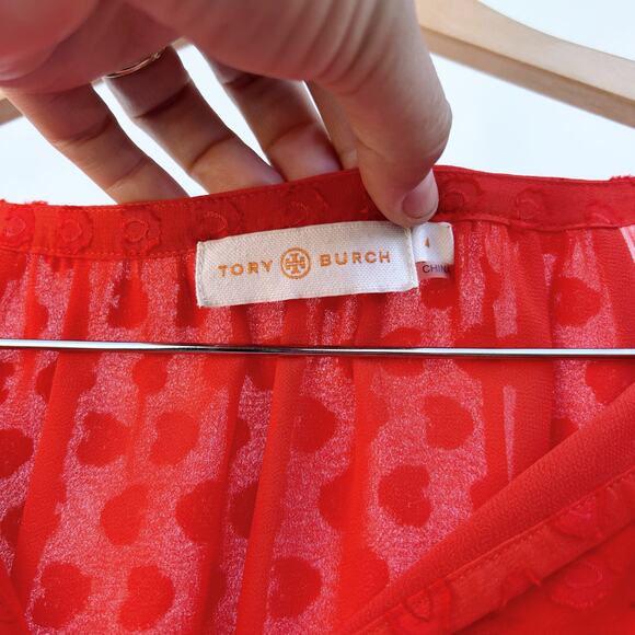 Tory Burch Swiss Dot Textured Red Orange Bell Sleeves Blouse 4 Top Boho Ruffle - Picture 5 of 10